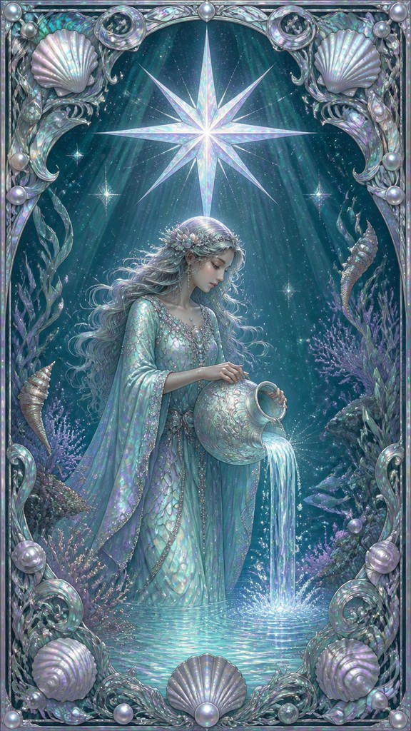 a robed figure pouring water beneath a large eight-pointed star in a night sky, symmetrical composition with an ornate decorative border, no text — Mermaidcore Aesthetic tarot card