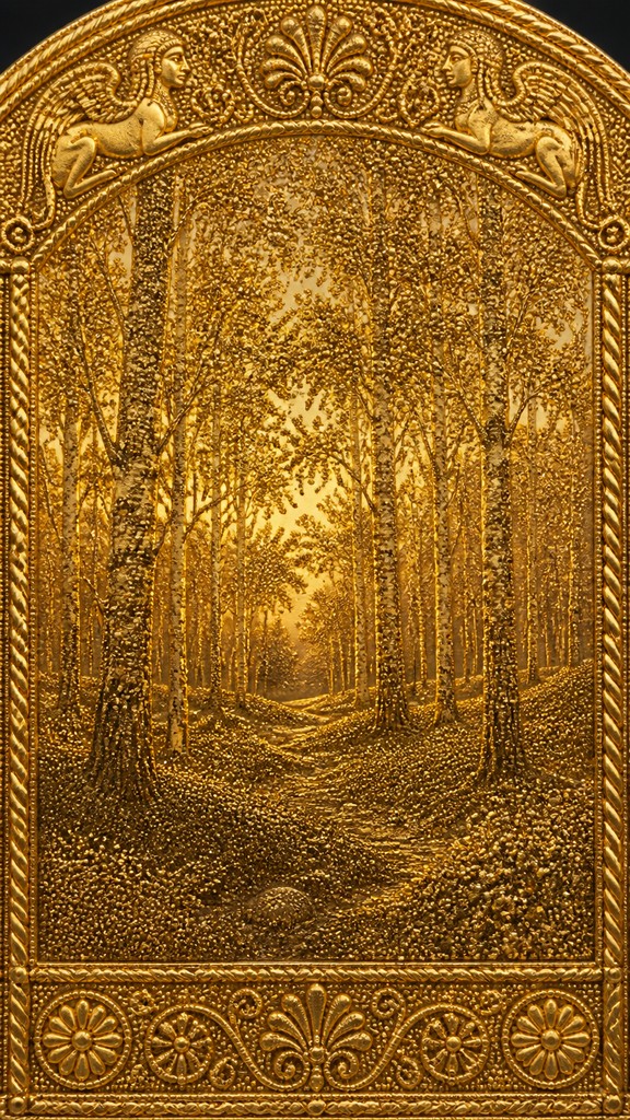 a serene birch forest in soft morning light, no people, no text — Etruscan Granulation Jewelry Style wall art print