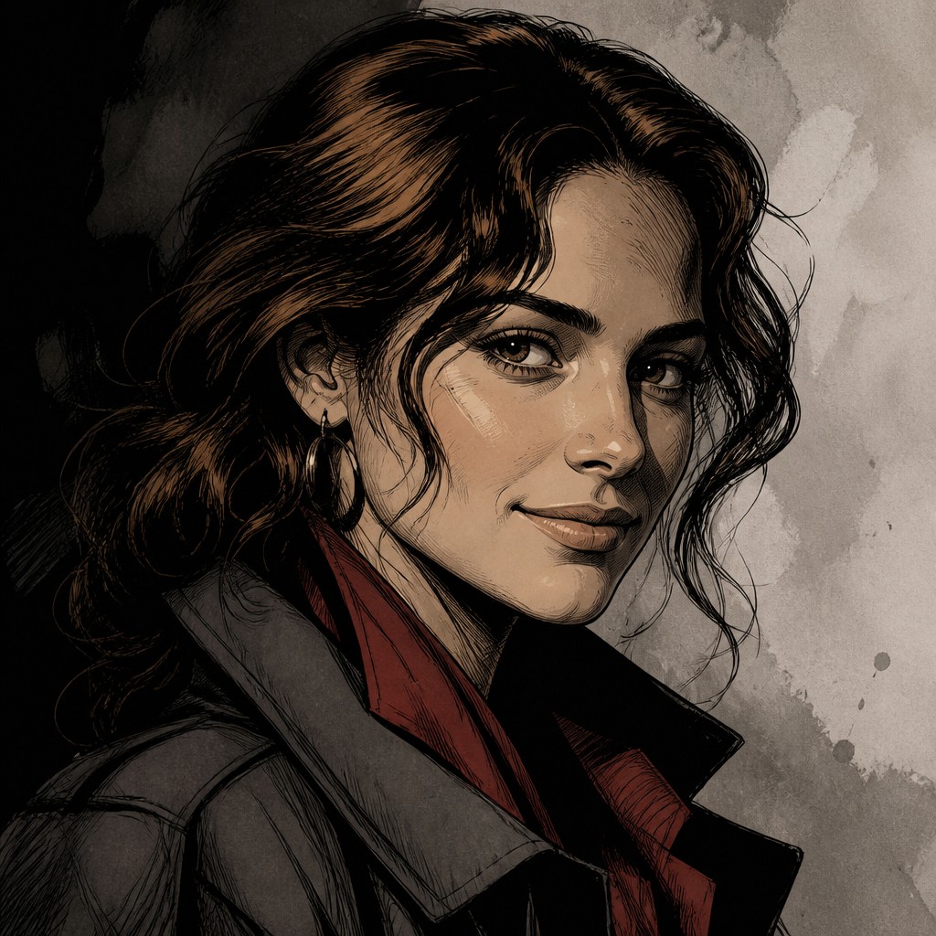 head-and-shoulders portrait of an original character: a young woman with wavy chestnut hair and a warm smile, plain soft backdrop — Graphic Novel Art profile picture