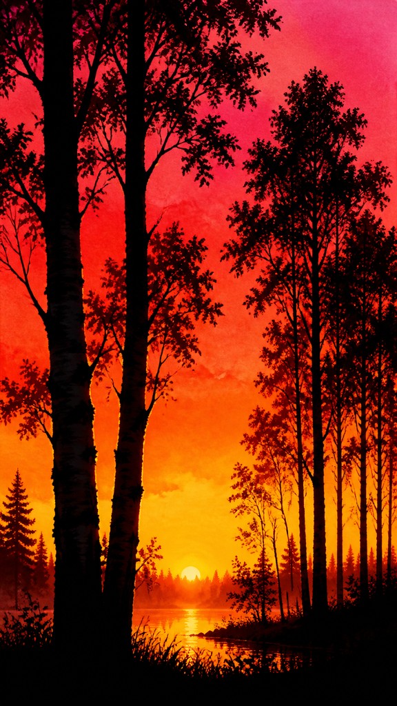 a serene birch forest in soft morning light, no people, no text — Sunset Silhouette Art Style wall art print