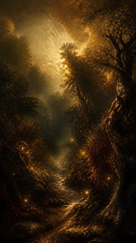 a mysterious forest path with fireflies and drifting mist, atmospheric vertical composition with open space at the top, no text — Baroque Art Style book cover