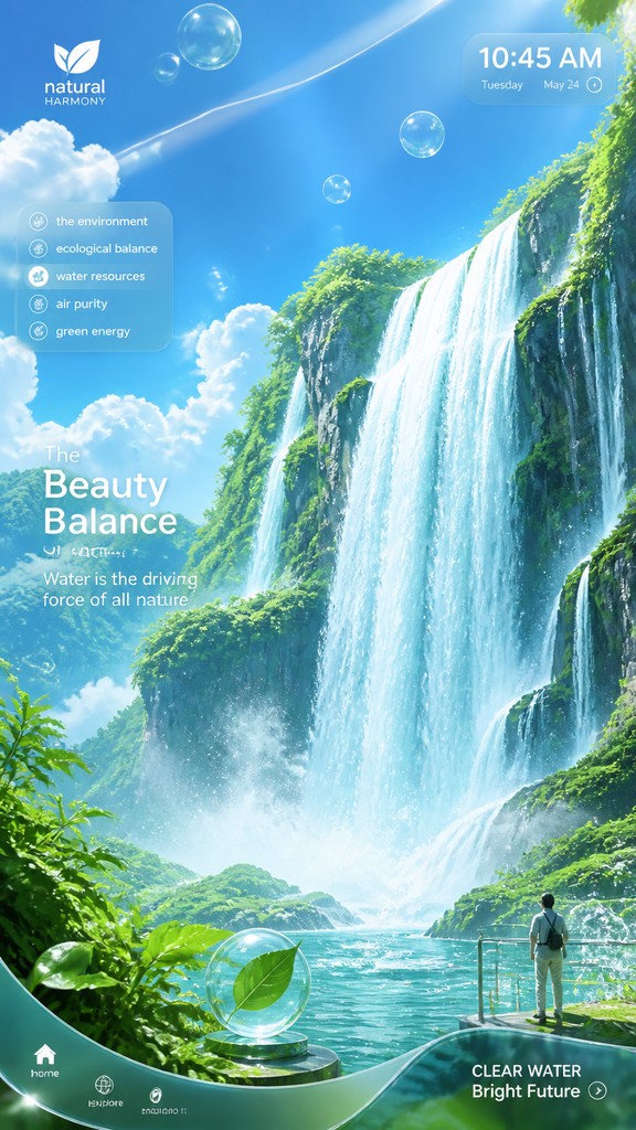 towering waterfall cascading down a cliff — Frutiger Aero Aesthetic
