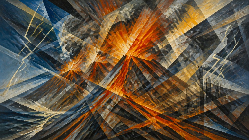 an erupting volcano with lightning strikes, dramatic wide composition, no text — Futurism Art Style YouTube thumbnail