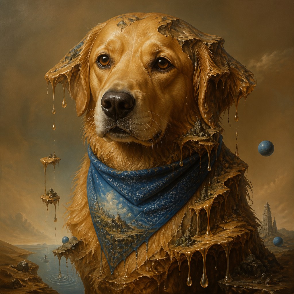 portrait of a golden retriever wearing a blue bandana, warm plain backdrop, no text — Surrealism Art Style pet portrait