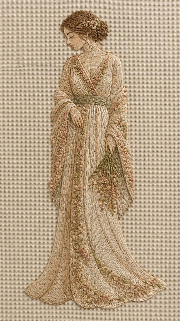 full-length portrait of an elegant figure — Hand Embroidery Illustration / Textile Art