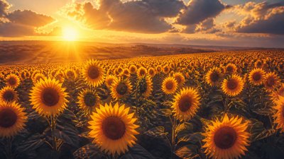 an endless field of sunflowers under summer clouds, no people — Golden Hour Landscape Photography Style wallpaper