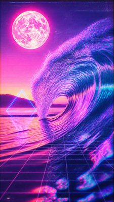 an ocean wave curling under moonlight, no people — Vaporwave Art Style wallpaper