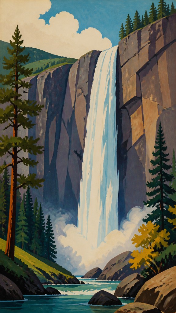 towering waterfall cascading down a cliff — Gouache Painting Style