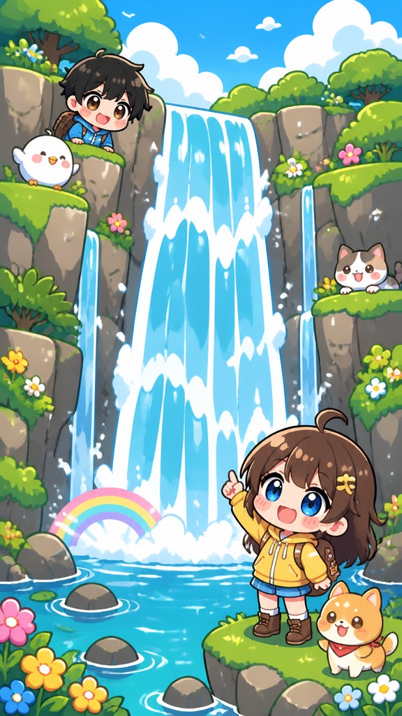towering waterfall cascading down a cliff — Chibi Anime Art Style