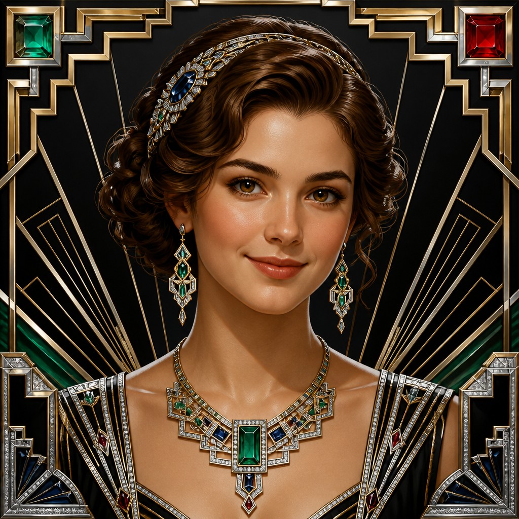 head-and-shoulders portrait of an original character: a young woman with wavy chestnut hair and a warm smile, plain soft backdrop — Art Deco Jewelry Design profile picture