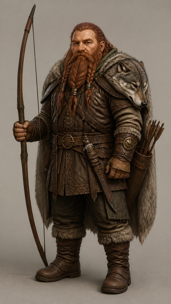 full-body original character: a dwarven ranger with a braided auburn beard, worn leather armor, a longbow and a wolf-pelt cloak, neutral background, no text — Colonial Architecture tabletop character portrait