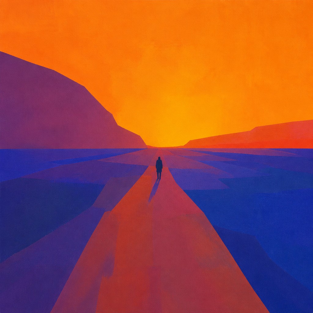 a solitary figure walking toward a glowing horizon across an empty plain, moody atmosphere, no text or lettering — Color Field Abstract Art Style album cover