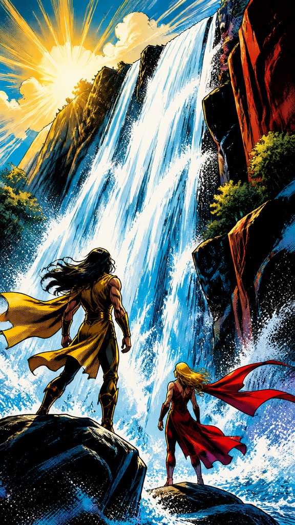towering waterfall cascading down a cliff — Superhero Comic Art
