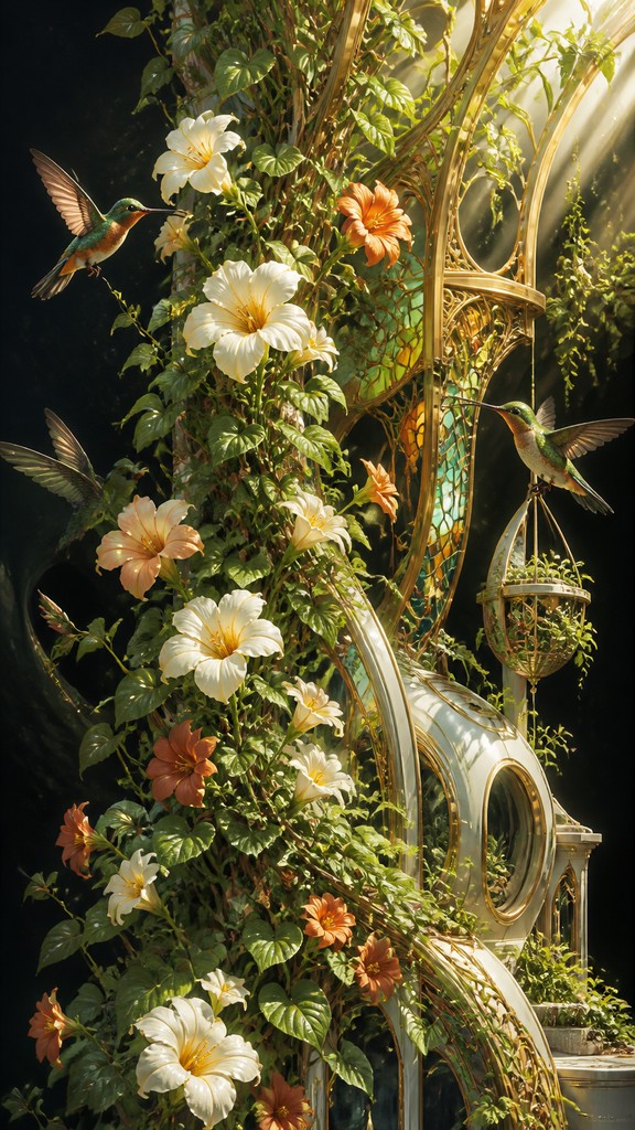 a climbing vine of flowers and hummingbirds on a dark background, tall wrapping composition, no text — Solarpunk Aesthetic phone case design