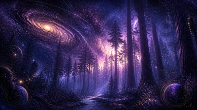 a panoramic redwood forest with light rays through mist, no people — Spacecore Aesthetic wallpaper