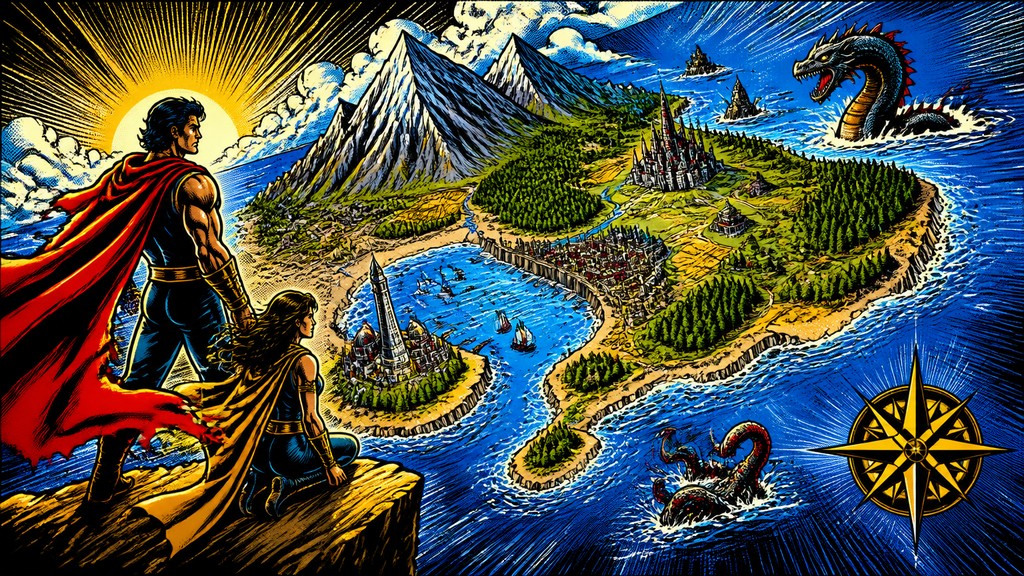 a map of an island realm with mountains, forests, a sheltered bay, sea monsters in the water and a compass rose, no text labels — Superhero Comic Art fantasy map