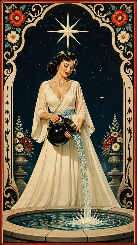a robed figure pouring water beneath a large eight-pointed star in a night sky, symmetrical composition with an ornate decorative border, no text — Vintage 50s Fashion Style tarot card