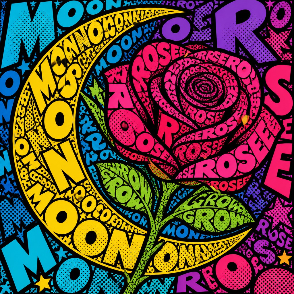 a rose entwined with a crescent moon, clean balanced composition on a plain background, no text — Typography Pop Art Style tattoo design