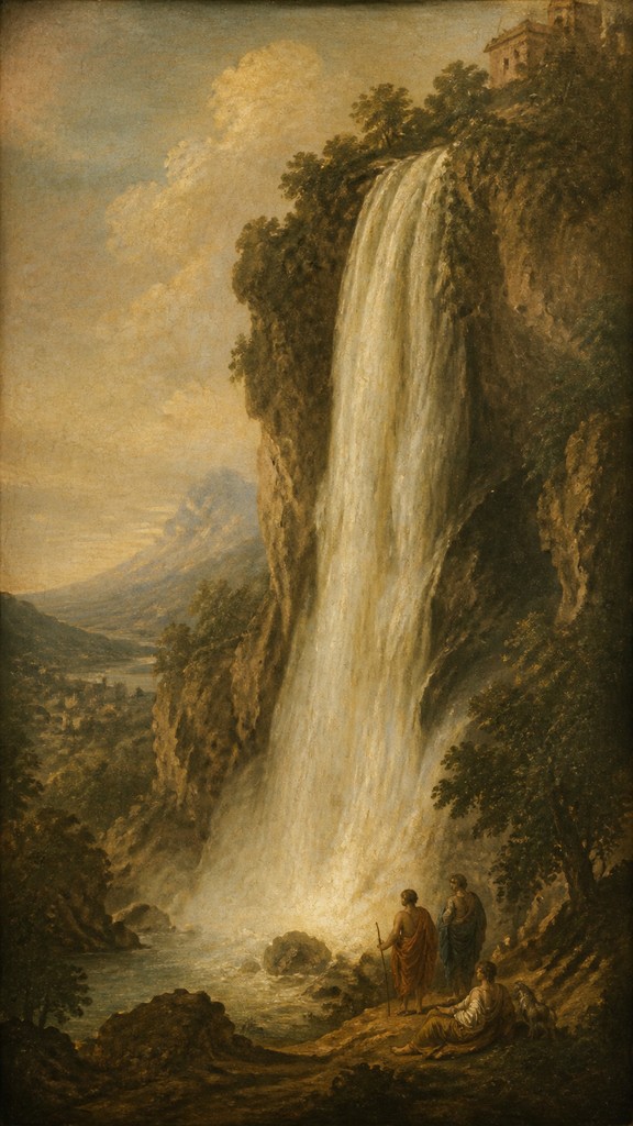 towering waterfall cascading down a cliff — Renaissance Classical Art Style