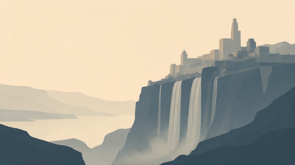 a cliffside city with waterfalls cascading into a misty canyon, wide establishing shot, no people, no text — Minimalist Landscape Art Style concept art