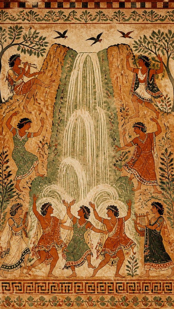 towering waterfall cascading down a cliff — Etruscan Art Style