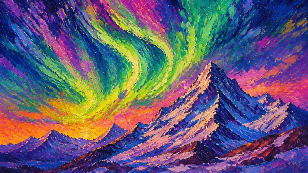 a flowing aurora over snowy peaks, wide sweeping composition, no people, no text — Fauvist Impressionism Art Style banner