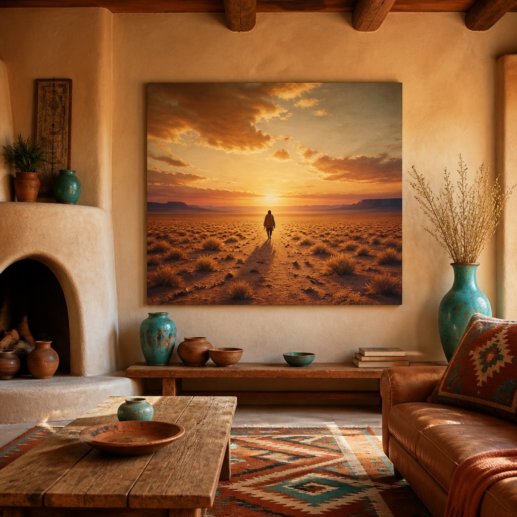 a solitary figure walking toward a glowing horizon across an empty plain, moody atmosphere, no text or lettering — Southwestern Interior Design album cover