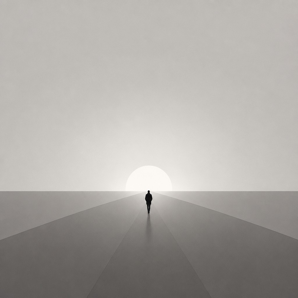a solitary figure walking toward a glowing horizon across an empty plain, moody atmosphere, no text or lettering — Modern Minimalist Furniture Art album cover