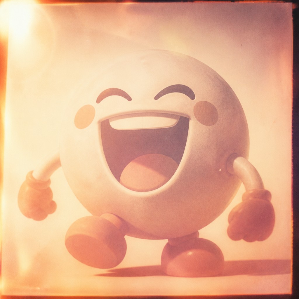 an exaggerated laughing face of an original round mascot character, bold and readable at small size, plain background, no text — Vintage Film Burn Twitch emote