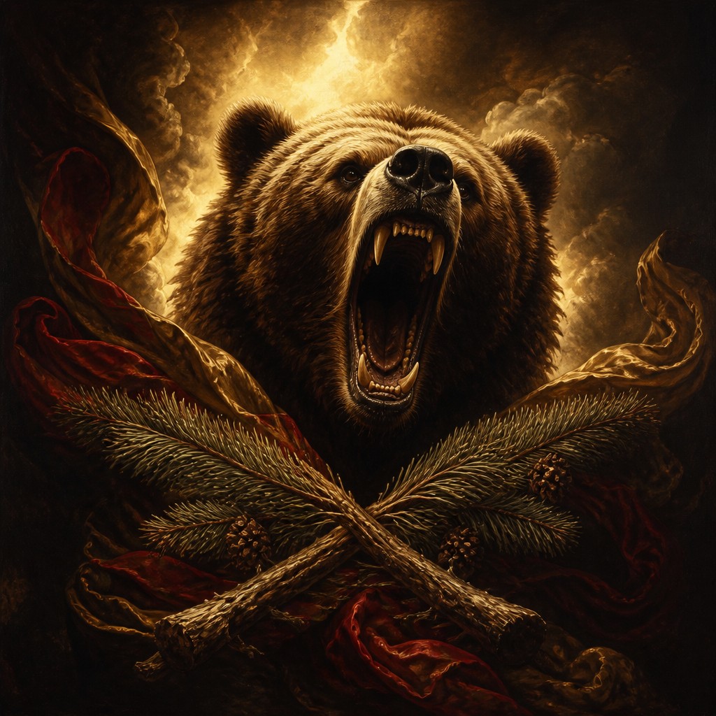 a roaring bear head above crossed pine branches, bold graphic composition on a plain background, no text — Baroque Religious Art t-shirt design