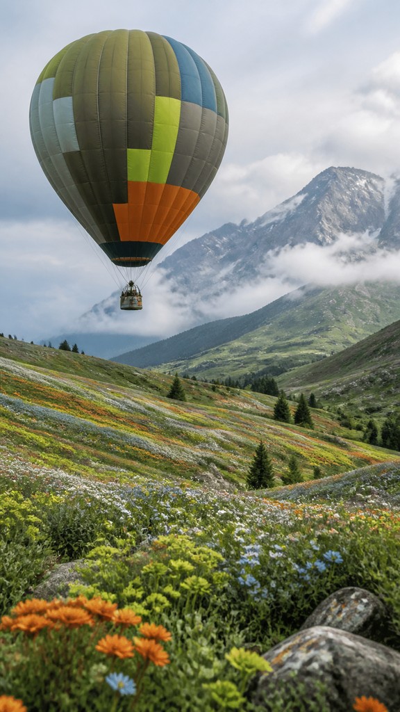 a hot air balloon drifting over rolling flower fields on a sunny day, cheerful, no text — Gorpcore Aesthetic greeting card