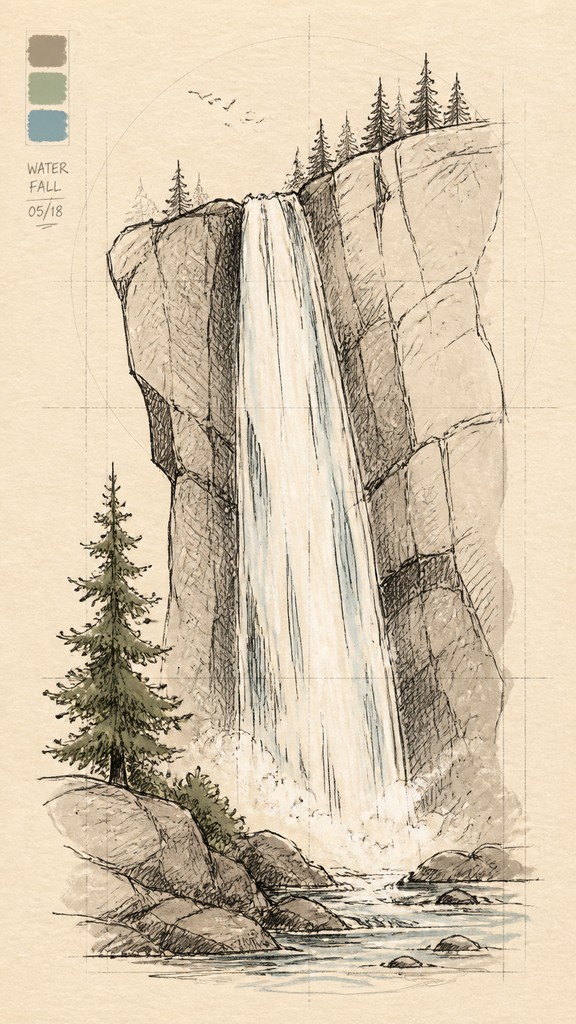 towering waterfall cascading down a cliff — Hand-Drawn Icon Design