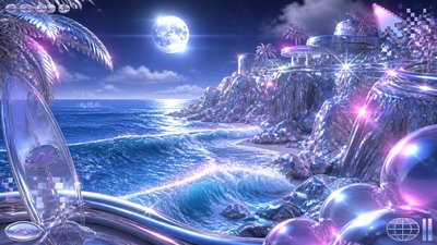 a moonlit coastline with cliffs and crashing surf, no people — Y2K Aesthetic wallpaper