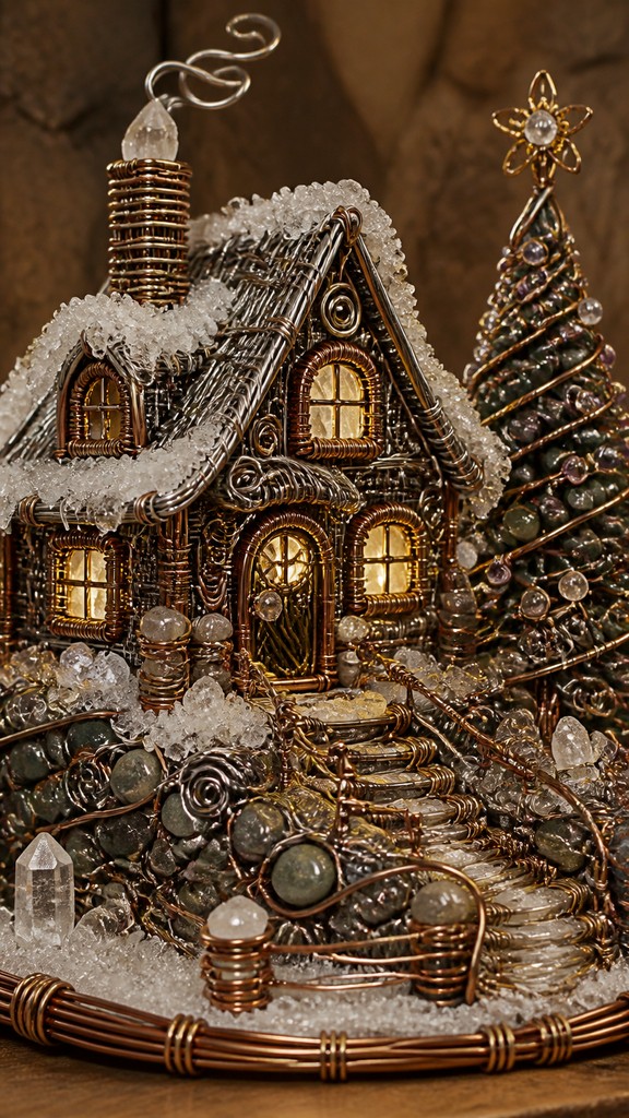 a snow-covered cottage with warm glowing windows beside a decorated pine tree, gentle snowfall, no text — Wire-Wrapped Jewelry Style Christmas card