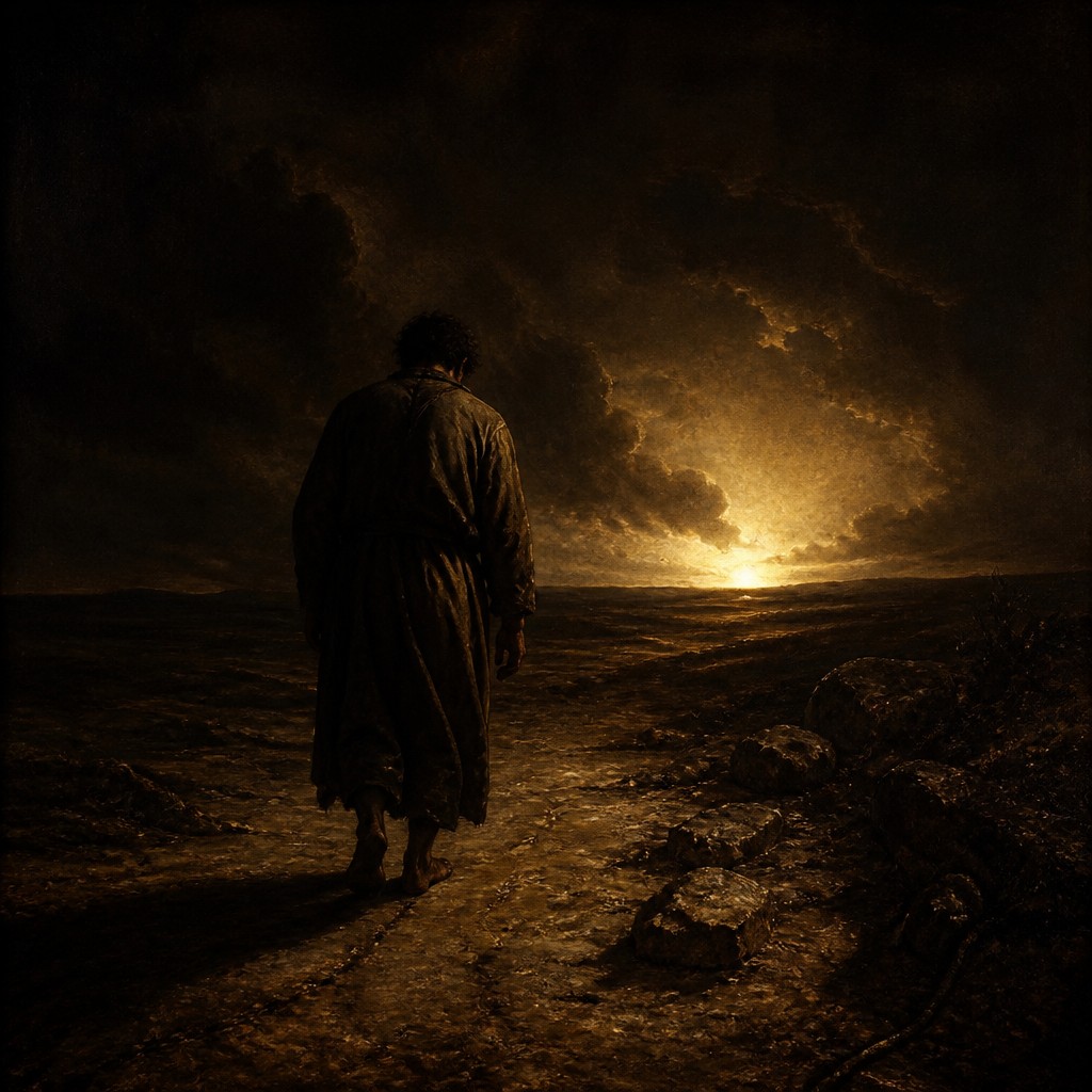 a solitary figure walking toward a glowing horizon across an empty plain, moody atmosphere, no text or lettering — Caravaggio Realism Baroque Art Style album cover