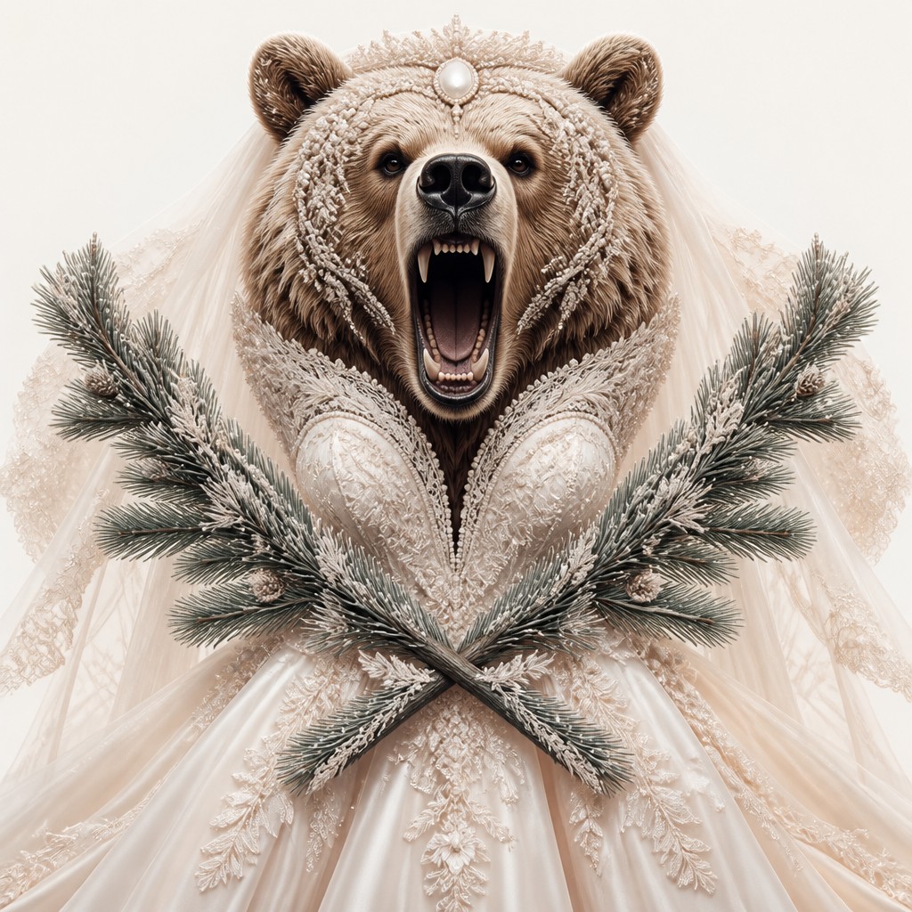a roaring bear head above crossed pine branches, bold graphic composition on a plain background, no text — Bridal Couture Fashion Design t-shirt design