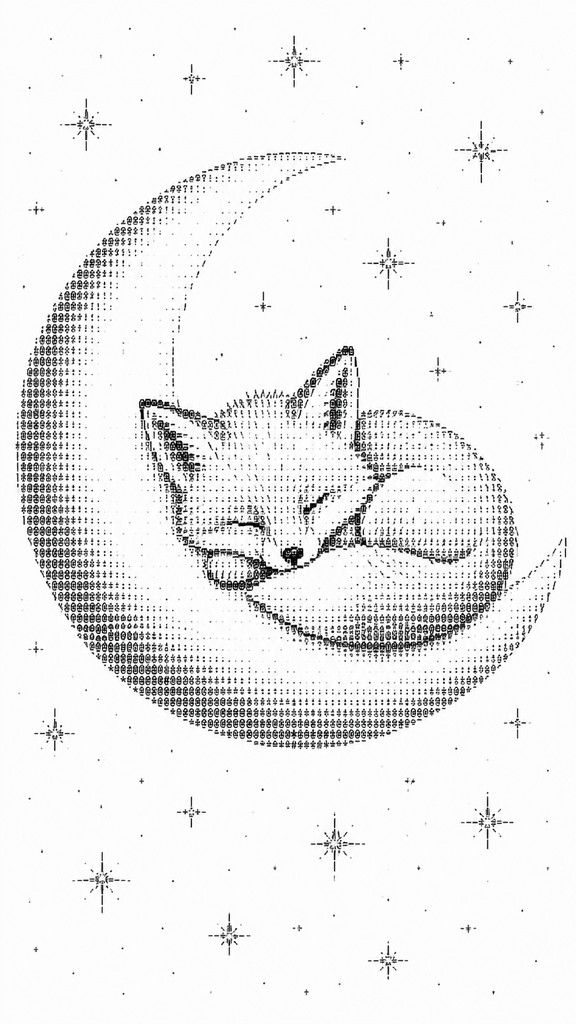 a sleeping baby fox curled on a crescent moon among soft stars, gentle and warm, no text — ASCII Art Style baby announcement