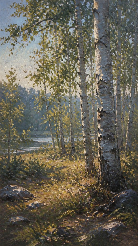 a serene birch forest in soft morning light, no people, no text — Plein Air Realism Art Style wall art print
