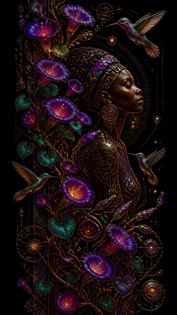a climbing vine of flowers and hummingbirds on a dark background, tall wrapping composition, no text — Afrofuturism Art Style phone case design