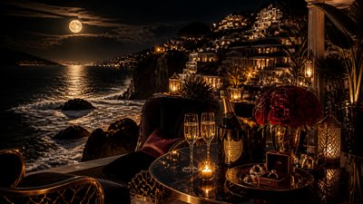 a moonlit coastline with cliffs and crashing surf, no people — Night Luxe Aesthetic wallpaper
