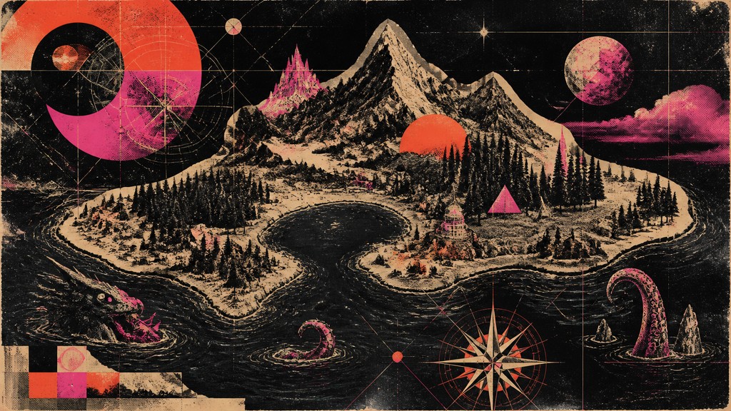 a map of an island realm with mountains, forests, a sheltered bay, sea monsters in the water and a compass rose, no text labels — Retro-Futuristic Pop Surrealism fantasy map