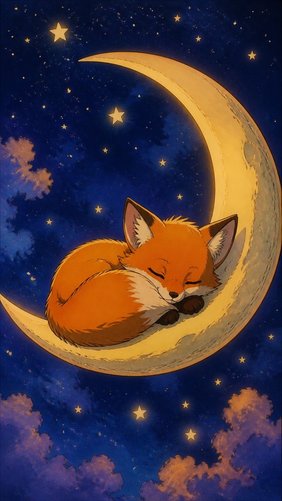 a sleeping baby fox curled on a crescent moon among soft stars, gentle and warm, no text — 90s Anime Cell Animation Still baby announcement