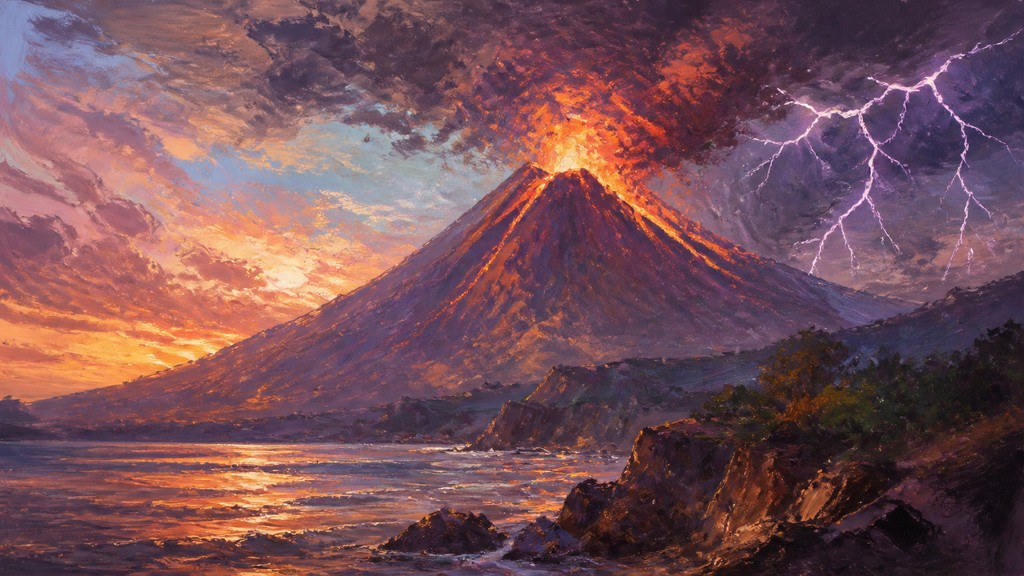 an erupting volcano with lightning strikes, dramatic wide composition, no text — Plein Air Landscape Art Style YouTube thumbnail