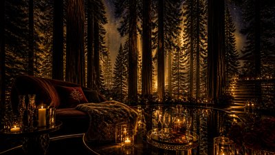 a panoramic redwood forest with light rays through mist, no people — Night Luxe Aesthetic wallpaper