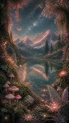 a tranquil mountain lake beneath a starry night sky, no people, no text — Fairycore Aesthetic wallpaper
