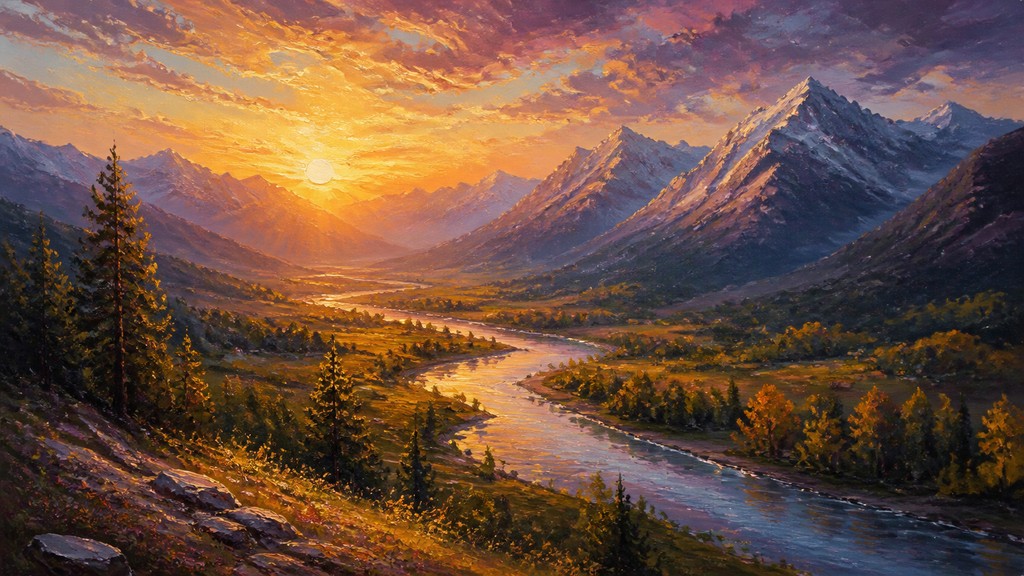a vast valley with a river winding toward distant mountains at sunrise, no people, no text — Oil Portrait Art Style desktop wallpaper
