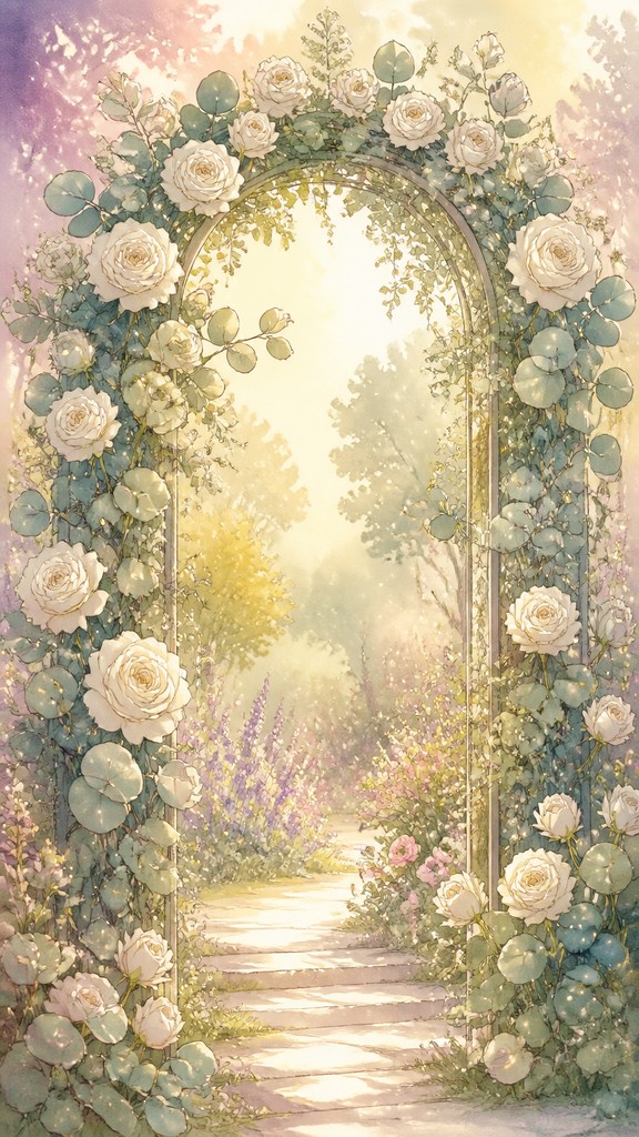an arch of white roses and eucalyptus in soft morning light, elegant vertical composition with open space, no text — Fairy Tale Fantasy Art wedding invitation