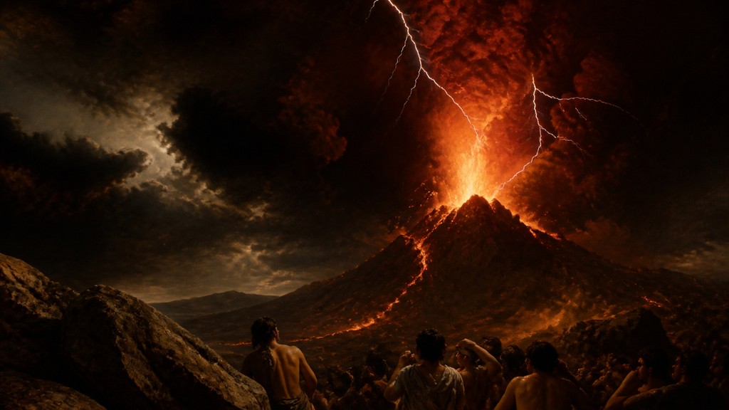 an erupting volcano with lightning strikes, dramatic wide composition, no text — Caravaggio Realism Baroque Art Style YouTube thumbnail