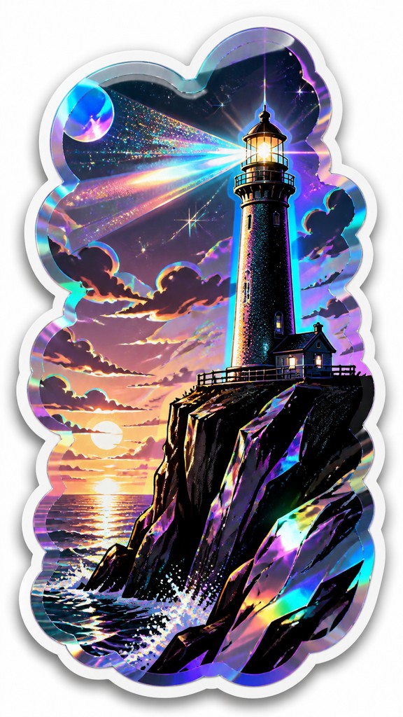 a lone lighthouse on a cliff at dusk under a dramatic sky, no text or lettering — Holographic Sticker Design poster