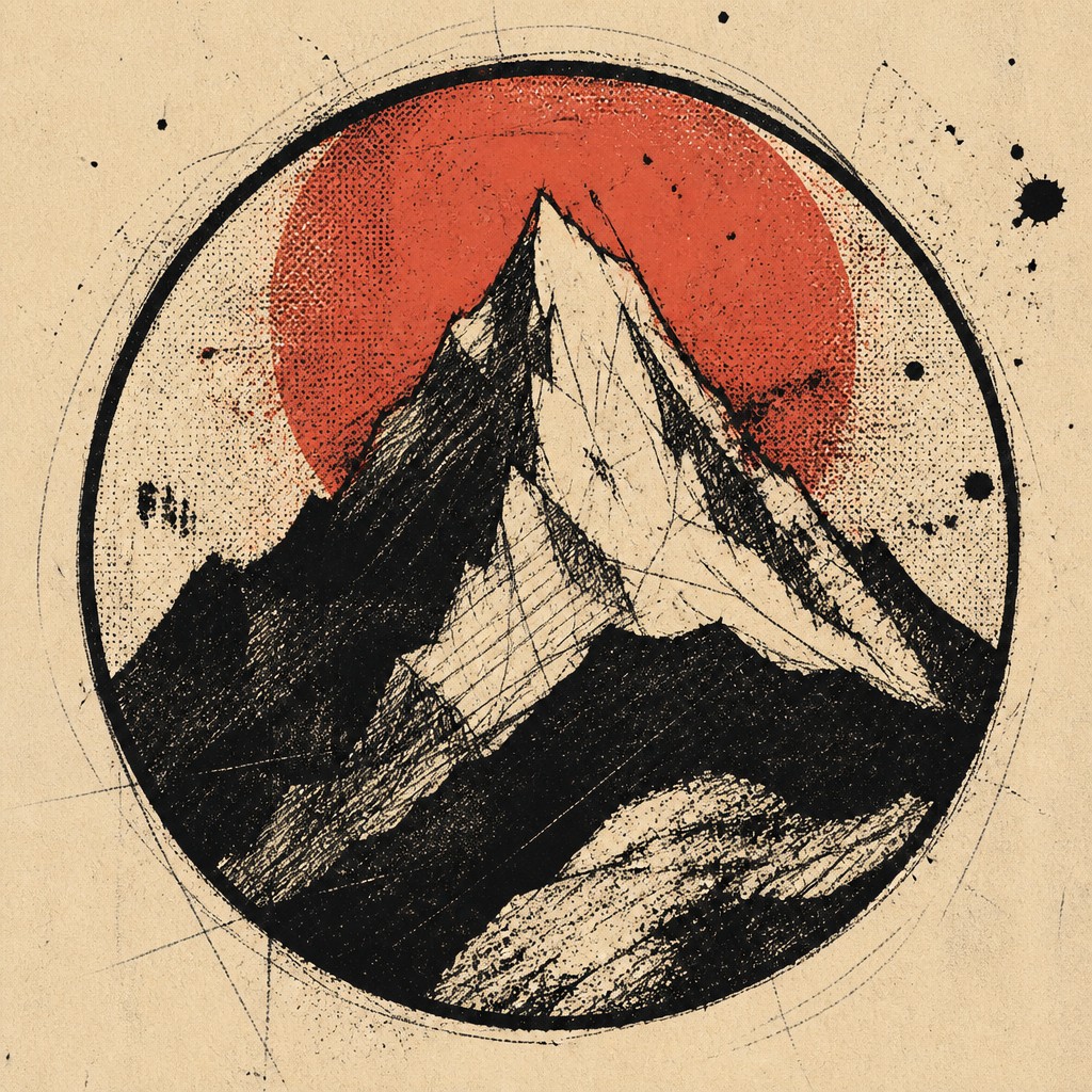 an emblem of a mountain peak inside a circle, simple bold shapes on a plain background, no text or lettering — Indie/Alternative Comic Art logo concept